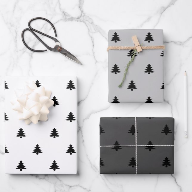 Weihnachtsbäume Schwarz-weiß grau minimalistisch Geschenkpapier Set (Vorderseite)