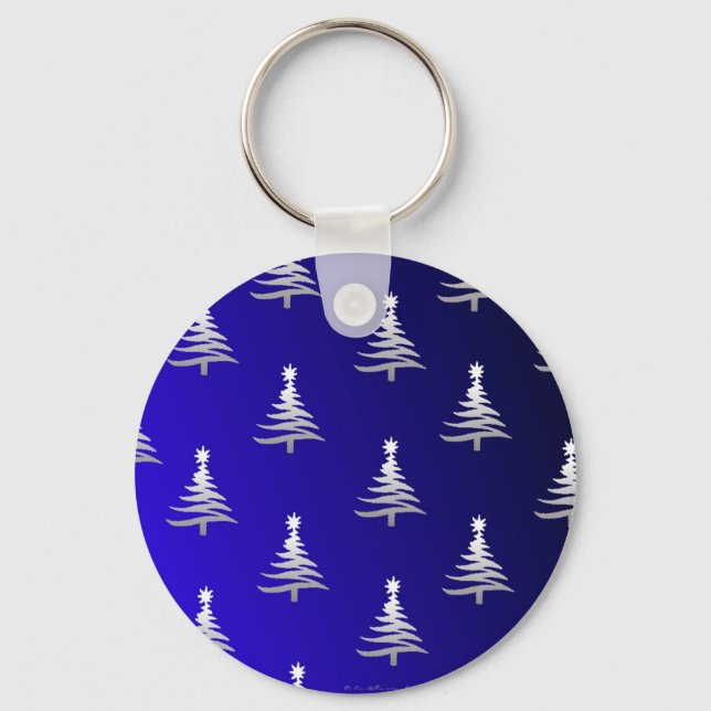 Weihnachtsbäume Silber auf Cobalt Blue Schlüsselanhänger (Vorderseite)