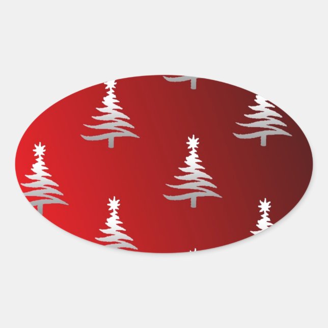 Weihnachtsbäume Silber auf Rot Ovaler Aufkleber (Vorderseite)