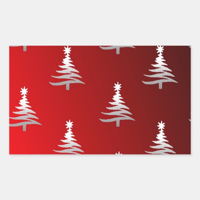 Weihnachtsbäume Silber auf Rot Rechteckiger Aufkleber (Vorderseite)