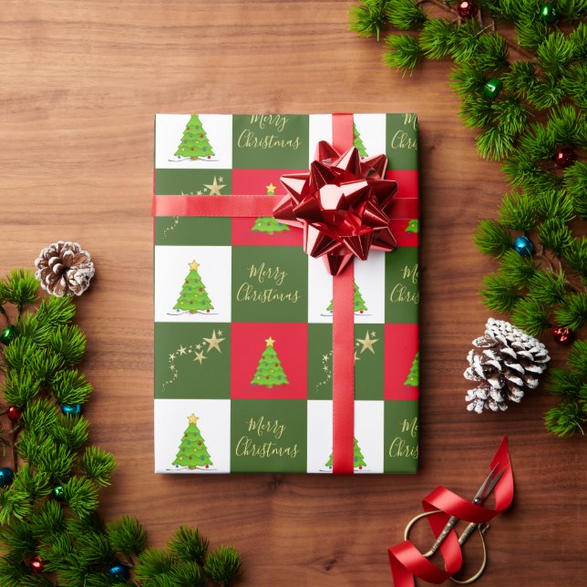 Weihnachtsbäume Sterne Frohe Weihnachtsschrift Geschenkpapier (Feiertagsgeschenk)