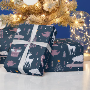 Weihnachtsbäume Sterne Rentiere Dunkelblau Weihnac Geschenkpapier