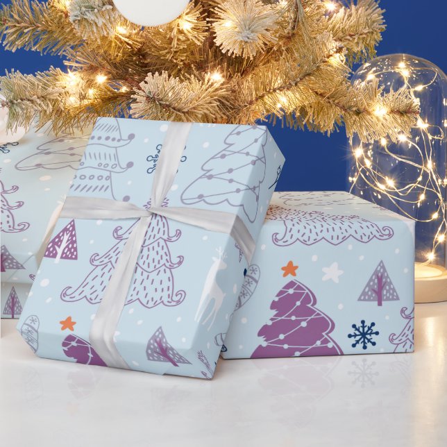 Weihnachtsbäume Sterne Schneeflocken Blauer Weihna Geschenkpapier (Feiertage)