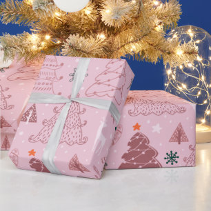 Weihnachtsbäume Sterne Schneeflocken Rosa Weihnach Geschenkpapier