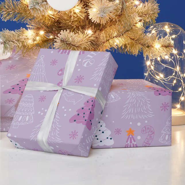 Weihnachtsbäume Tauben Schneeflocken Lila Weihnach Geschenkpapier (Feiertage)