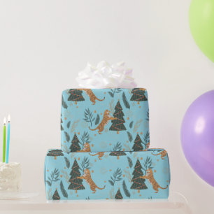 Weihnachtsbäume & Tiger Muster Blaue Hintergrundfa Geschenkpapier