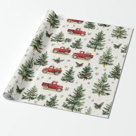 Weihnachtsbäume und alte rote Lastwagen Geschenkpapier