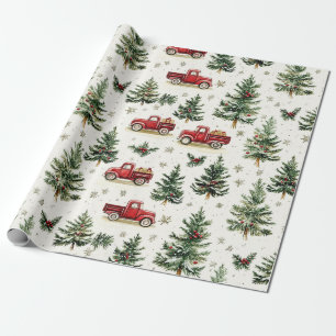 Weihnachtsbäume und alte rote Lastwagen Geschenkpapier