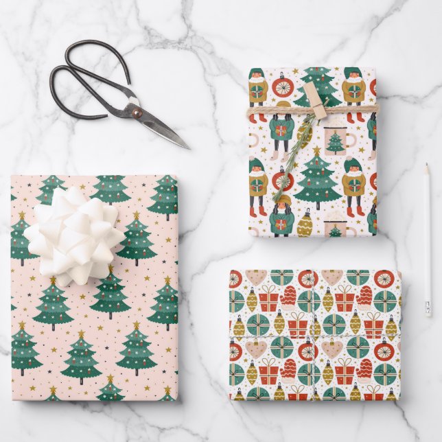 Weihnachtsbäume und -dekorationen geschenkpapier set (Vorderseite)