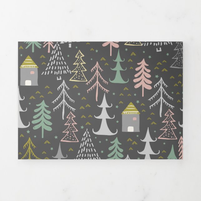 Weihnachtsbäume und Häuser in Halbpension Rosa Gel Dreifach Gefaltete Urlaubskarte (Cover)