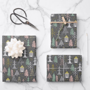 Weihnachtsbäume und Häuser in Halbpension Rosa Gel Geschenkpapier Set