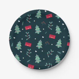 Weihnachtsbäume und Holly Modern Muster Dunkelbla Pappteller