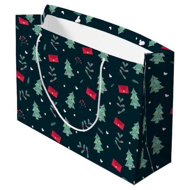 Weihnachtsbäume und Holly Modern Muster Dunkelblau Große Geschenktüte (Rückseite Schrägansicht)