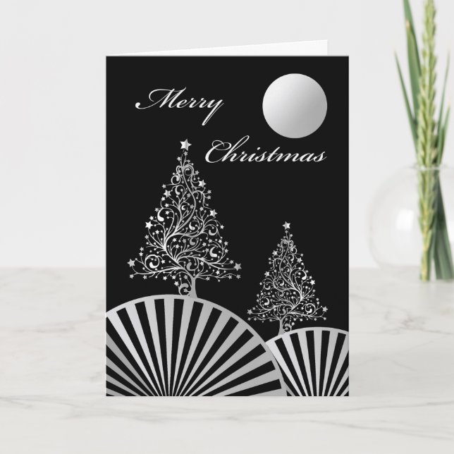 Weihnachtsbäume und Mond, Modernes Silberdesign Karte (Vorderseite)