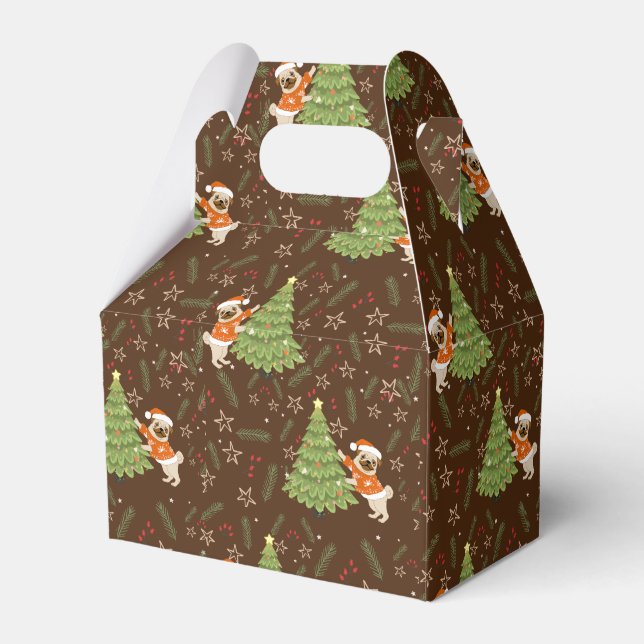 Weihnachtsbäume und Mops-Hundemuster Geschenkschachtel (Vorderseite)