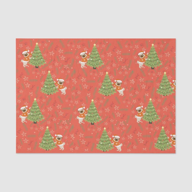 Weihnachtsbäume und Mops-Hundemuster Seidenpapier (Vorderseite)