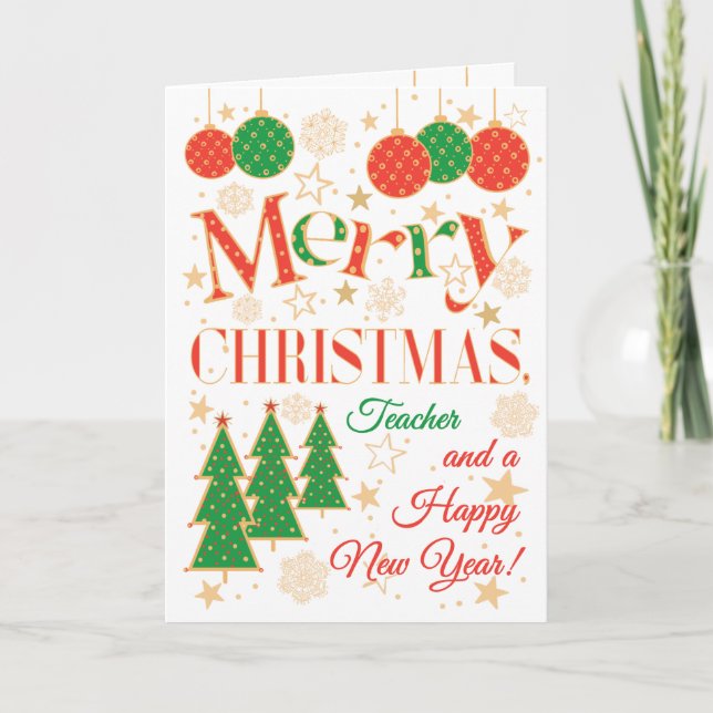 Weihnachtsbäume und Ornamente für Lehrer Karte (Vorderseite)