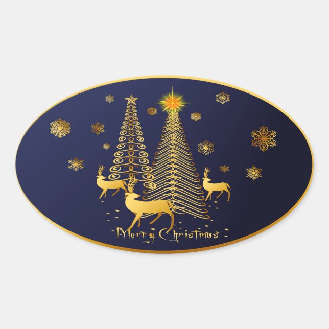 Weihnachtsbäume und Rentiere Ovaler Aufkleber (Vorderseite)