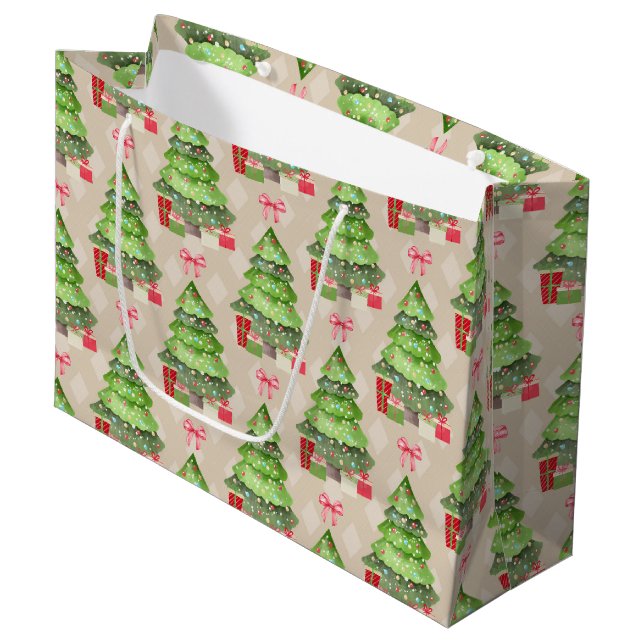 Weihnachtsbäume und rote Bogen Große Geschenktüte (Vorderseite Schrägansicht)