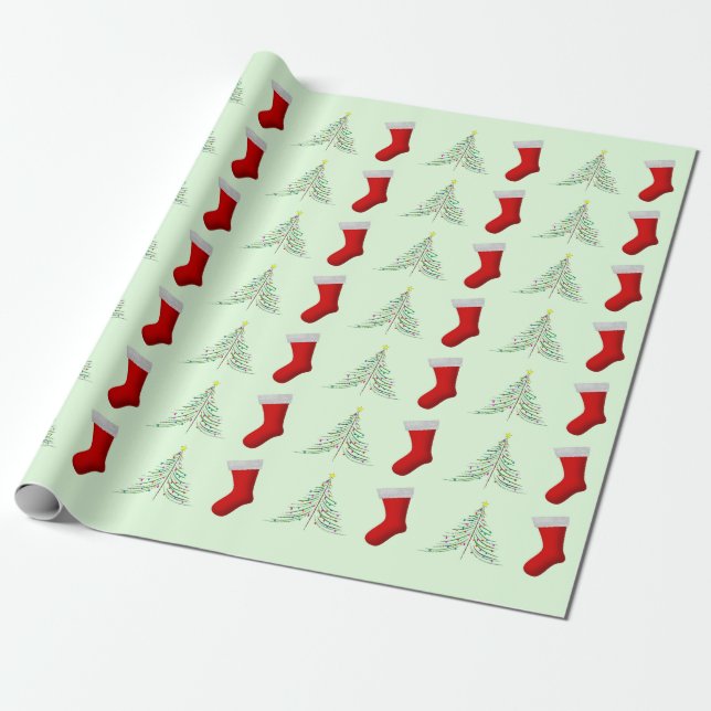 Weihnachtsbäume und Rote Weihnachtsbäume - Strumpf Geschenkpapier (Ungerollt)