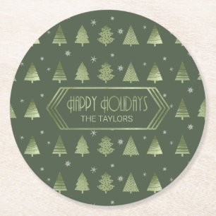 Weihnachtsbäume und Schneeflocke Muster Green ID86 Runder Pappuntersetzer