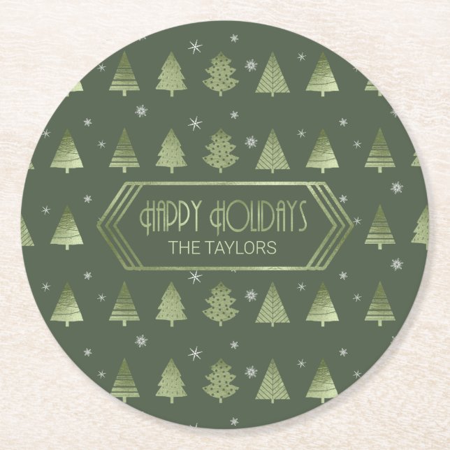 Weihnachtsbäume und Schneeflocke Muster Green ID86 Runder Pappuntersetzer (Vorderseite)