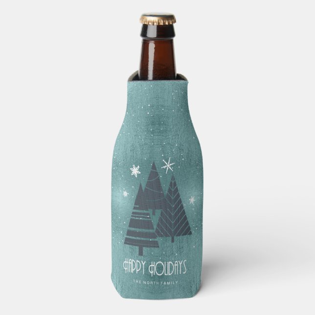 Weihnachtsbäume und Schneeflocken Aquamarin ID863 Flaschenkühler (Flaschenvorderseite)
