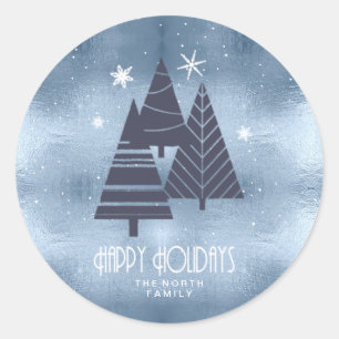 Weihnachtsbäume und Schneeflocken Blau-ID863  Runder Aufkleber