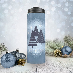 Weihnachtsbäume und Schneeflocken Blau ID863 Thermosbecher