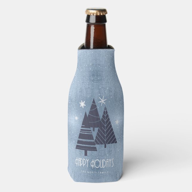 Weihnachtsbäume und Schneeflocken Blue ID863 Flaschenkühler (Flaschenvorderseite)