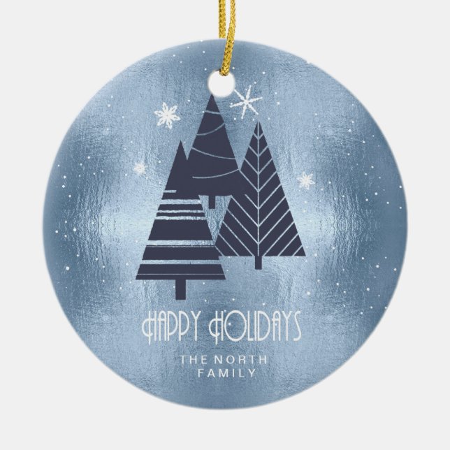 Weihnachtsbäume und Schneeflocken Blue ID863 Keramik Ornament (Vorne)
