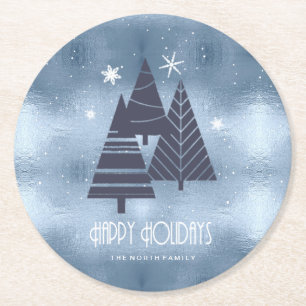 Weihnachtsbäume und Schneeflocken Blue ID863 Runder Pappuntersetzer
