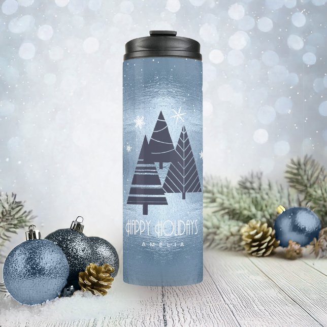 Weihnachtsbäume und Schneeflocken Blue ID863 Thermosbecher (Von Creator hochgeladen)