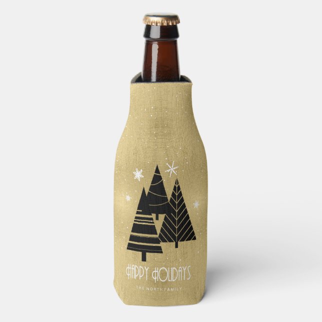 Weihnachtsbäume und Schneeflocken Gold-ID863 Flaschenkühler (Flaschenvorderseite)