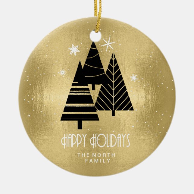 Weihnachtsbäume und Schneeflocken Gold-ID863 Keramik Ornament (Vorne)