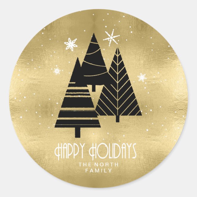 Weihnachtsbäume und Schneeflocken Gold-ID863 Runder Aufkleber (Vorderseite)