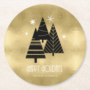 Weihnachtsbäume und Schneeflocken Gold-ID863 Runder Pappuntersetzer
