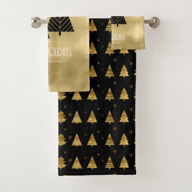Weihnachtsbäume und Schneeflocken Muster Gold ID86 Badhandtuch Set (Insitu)