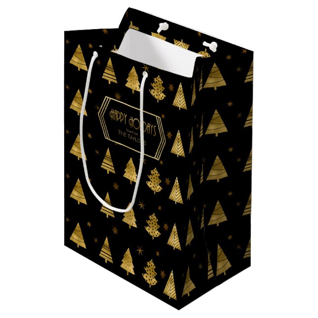 Weihnachtsbäume und Schneeflocken Muster Gold ID86 Mittlere Geschenktüte (Vorderseite Schrägansicht)