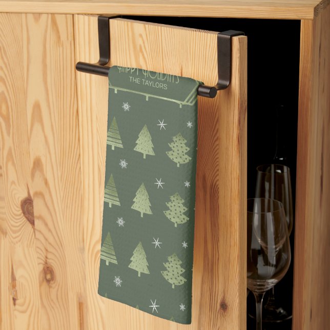 Weihnachtsbäume und Schneeflocken Muster Green ID8 Geschirrtuch (Drittel gefaltet)