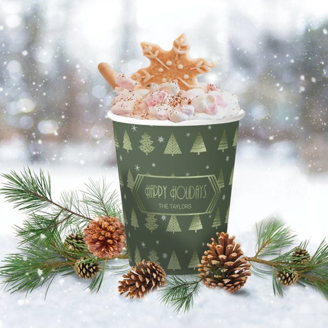 Weihnachtsbäume und Schneeflocken Muster Green ID8 Pappbecher (Von Creator hochgeladen)