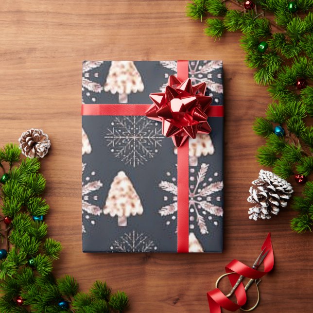 Weihnachtsbäume und Schneeflocken Schwarze Weihnac Geschenkpapier (Feiertagsgeschenk)