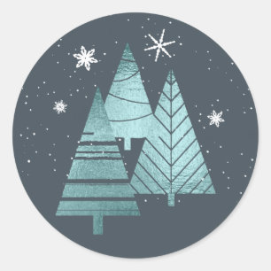 Weihnachtsbäume und Schneeflocken V2 Aquamarin ID8 Runder Aufkleber