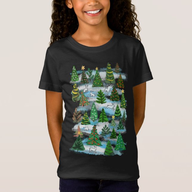 Weihnachtsbäume und Schneehasen T - Shirt (Vorderseite)