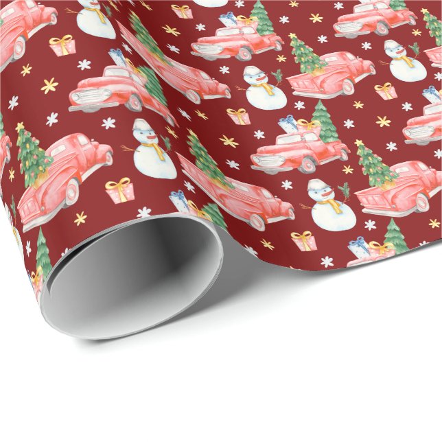 Weihnachtsbäume und Schneemänner in Aquarellen Red Geschenkpapier (Rolleneckpunkt)