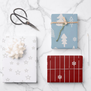 Weihnachtsbäume und Sterne in Rot und Weiß Geschenkpapier Set
