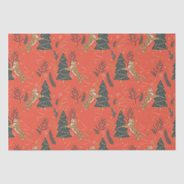 Weihnachtsbäume und Tigermuster auf Orangengras Seidenpapier (Vorderseite)