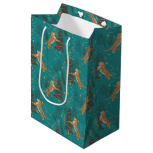 Weihnachtsbäume und Tigermuster auf Türkis Mittlere Geschenktüte