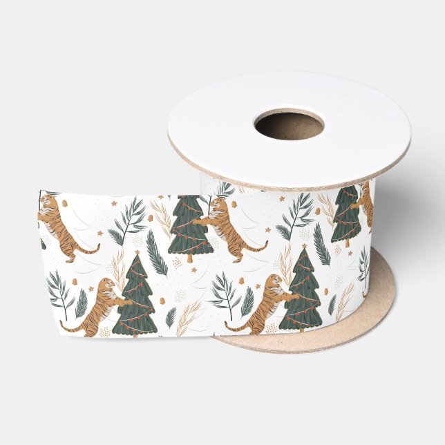 Weihnachtsbäume und Tigermuster Satinband (Spule)