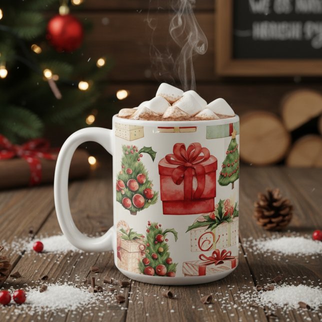 Weihnachtsbäume und Weihnachtsgeschenke im Vintage Kaffeetasse (Vintage Country Christmas Trees And Gifts Holiday Coffee Mug)